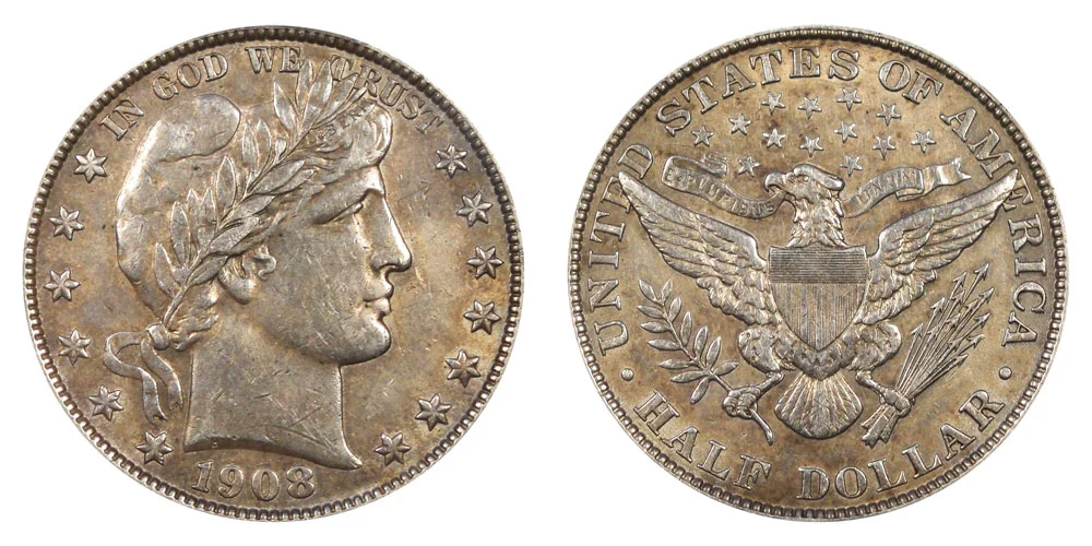 1908 Barber half dollar obverse and reverse showing Liberty head and eagle design