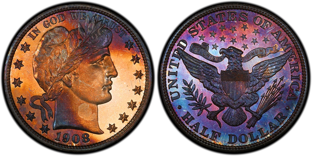 Side-by-side comparison of 1908 Proof Barber half dollar with mirror fields versus 1908 business-strike Philadelphia example