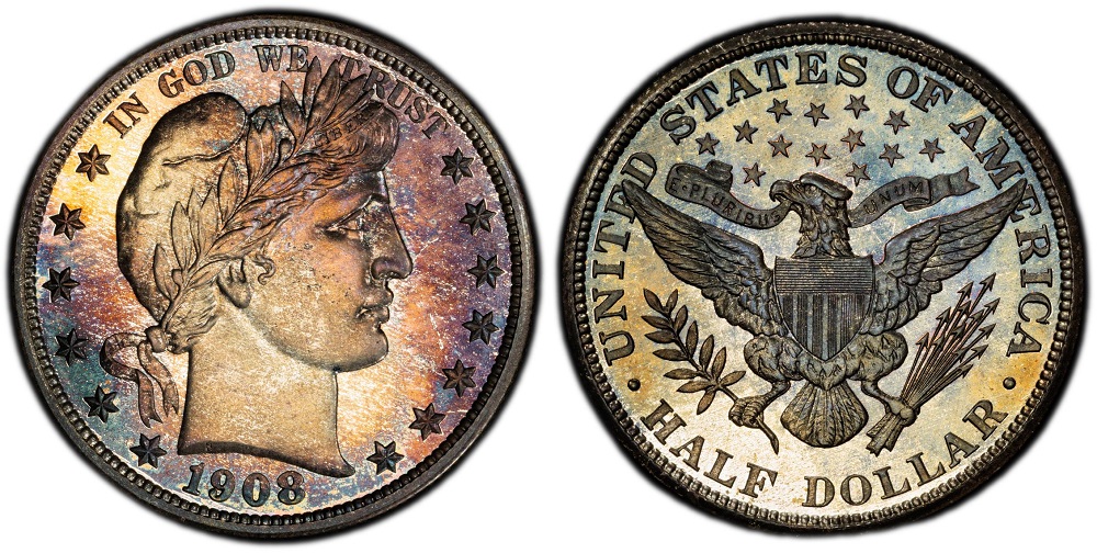1908 Proof Barber half dollar showing mirror-like fields and frosted design devices