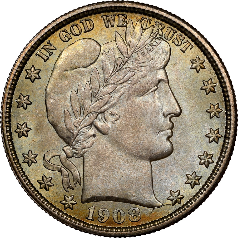 1908-O Barber half dollar showing the mumps die variety swelling on Liberty's neck