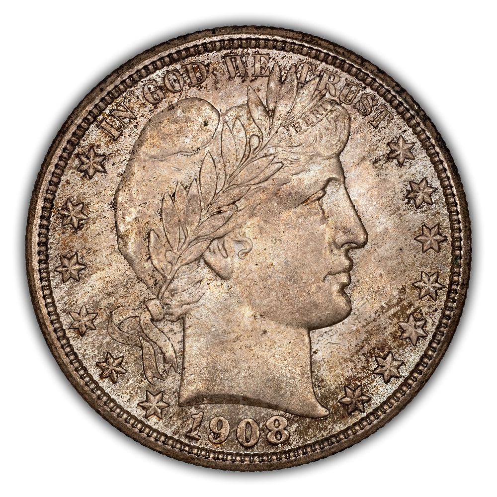 1908 Barber half dollar date area showing misplaced date digit diagnostic features