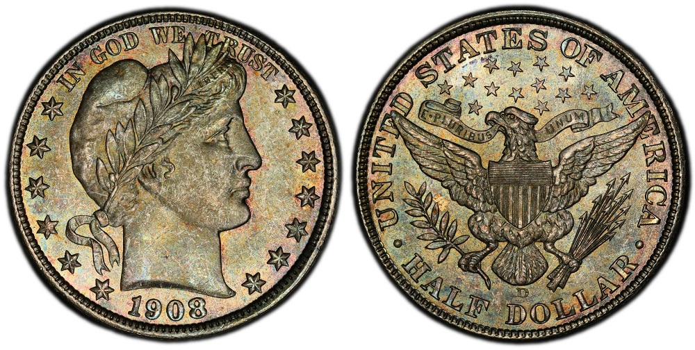 1908-D Barber half dollar in high mint state showing full luster and sharply struck eagle reverse
