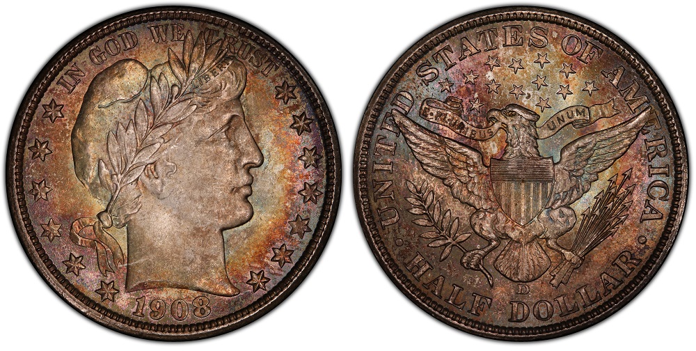 Group of 1908 Barber half dollars from all four mints — Philadelphia, Denver, New Orleans, San Francisco