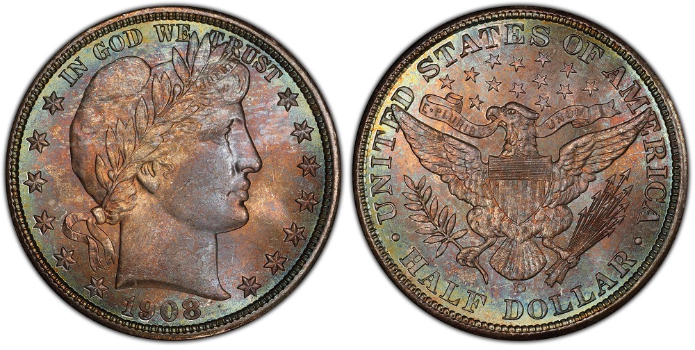 1908 Barber half dollar grading strip showing Good, Fine, Extremely Fine, and Mint State condition examples